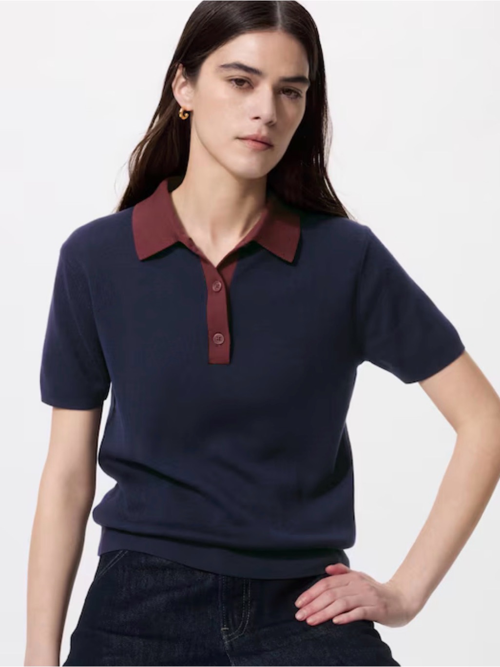 Uniqlo Navy Short-Sleeve Button-Down Top With Burgundy Collar